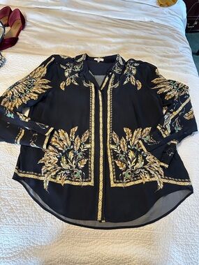 Reiss Black Botanical-Trim Button Front Blouse